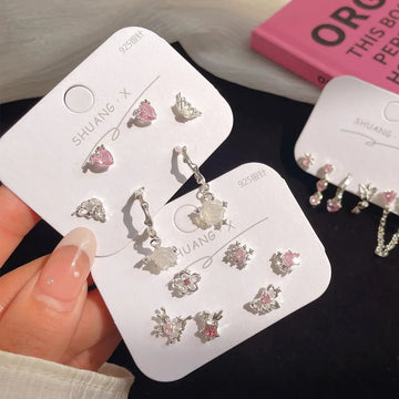 DAIIIBABYYY  -  Sweet Cool INS Pink Color Rhinestone Crystal Geometry Stud Earrings Set Women Korean Fashion Kpop Tassel Earring Jewelry